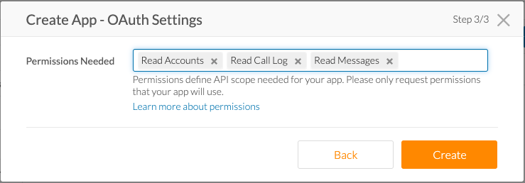RingCentral OAuth Settings window for creating a developer app.